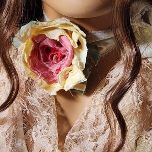 Romantic Jabot Edwardian Silk Tie Flower Pink Magnolia/Rose Cottage Choker